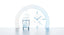 Abstract illustration of a glass of hydrogen-infused water with rising bubbles beside a minimalist geometric clock, representing the connection between meal timing and molecular hydrogen research